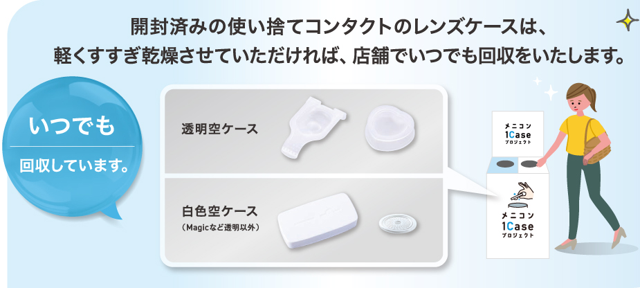 開封済みの使い捨てコンタクトのレンズケースは、軽くすすぎ乾燥させていただければ、店舗でいつでも回収をいたします。